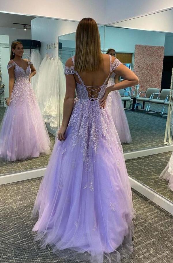 Charming Floor Length Purple Open Back Tulle Prom Dress With Lace Appliques