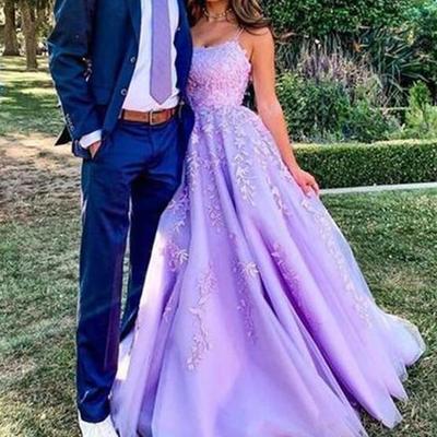 Spaghetti straps purple appliques sleeveless long evening dresses  - Thumbnail 1