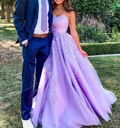 Spaghetti Straps Purple Appliques Sleeveless Long Evening Dresses 