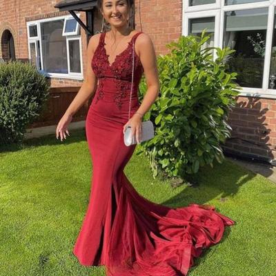 Mermaid  v neck backless long prom dresses with sweep train