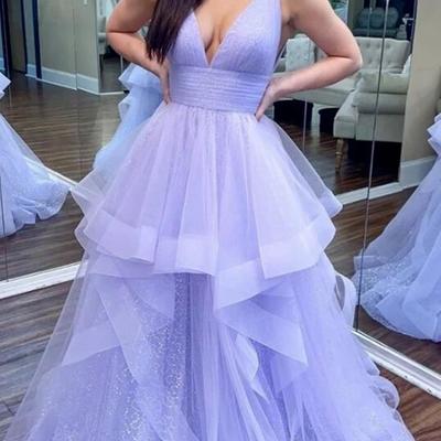 A line deep v-neck purple long prom dress  - Thumbnail 1