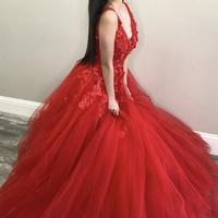 A Line Open Back Red Tulle V Neck Lace Prom Dresses - Thumbnail 1