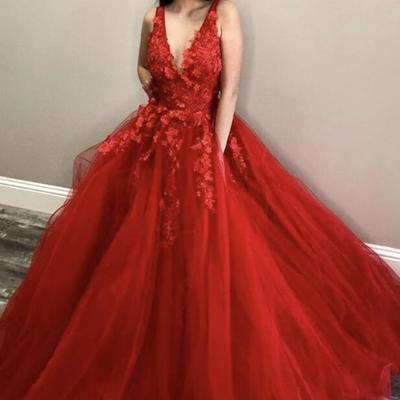 A line open back red tulle v neck lace prom dresses - Thumbnail 1
