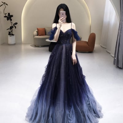 Blue gradient tulle long prom dress, beautiful spaghetti strap evening party dress - Thumbnail 2