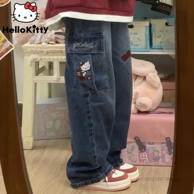 Kitty Cat Embroidery Wide Leg Denim Trousers