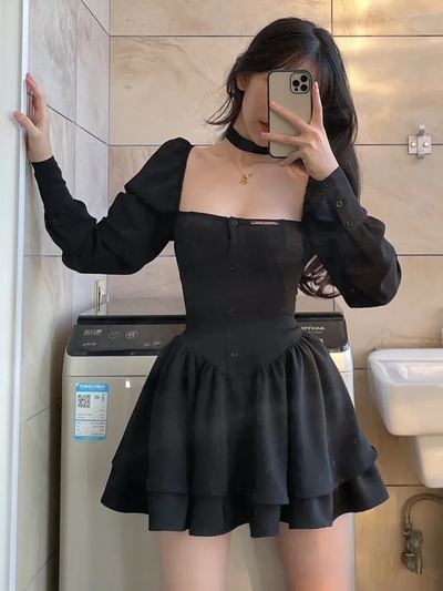 Black Vintage Long Sleeve Mini Dress