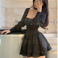 Black Vintage Long Sleeve Mini Dress - Thumbnail 1