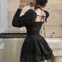 Black Vintage Long Sleeve Mini Dress - Thumbnail 4