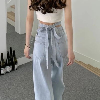 Blue bow high waist wide leg jeans