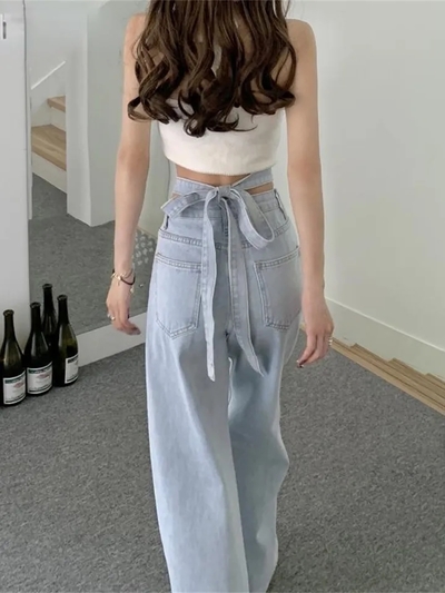 Blue Bow High Waist Wide Leg Jeans
