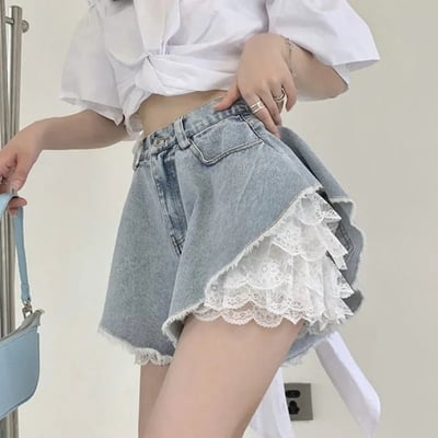 2pcs Blue Denim Lace High Waist Shorts