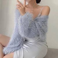 Soft Waxy Cropped Knit Cardigan Sweater Jacket - Thumbnail 4
