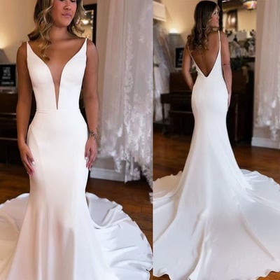 V neck mermaid wedding dresses bridal gown simple  - Thumbnail 2
