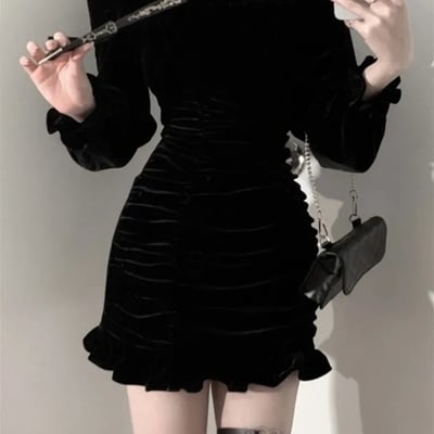 Black velvet bodycon wrap dress - Thumbnail 4