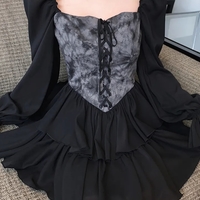 Black Floral Corset Long Sleeve Dress - Thumbnail 3