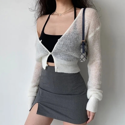 See Through V Neck Cropped Long Sleeve Cardigan 
