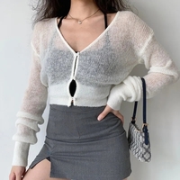 See Through V Neck Cropped Long Sleeve Cardigan  - Thumbnail 2