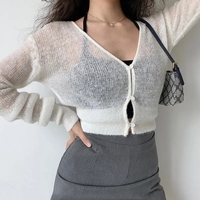 See Through V Neck Cropped Long Sleeve Cardigan  - Thumbnail 4