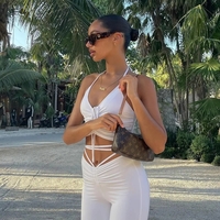 2PCS Blue Bandage Drawstring Halter Top + Flare Pants - Thumbnail 4