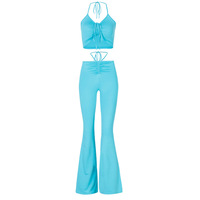 2PCS Blue Bandage Drawstring Halter Top + Flare Pants - Thumbnail 6