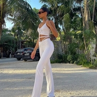 2PCS Blue Bandage Drawstring Halter Top + Flare Pants - Thumbnail 5