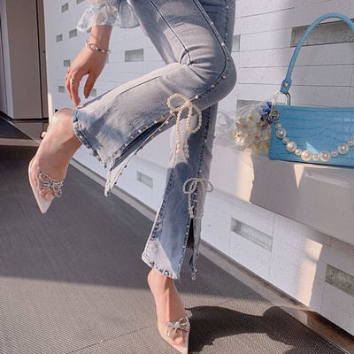 Chic pearl bowknot bead high waist jeans