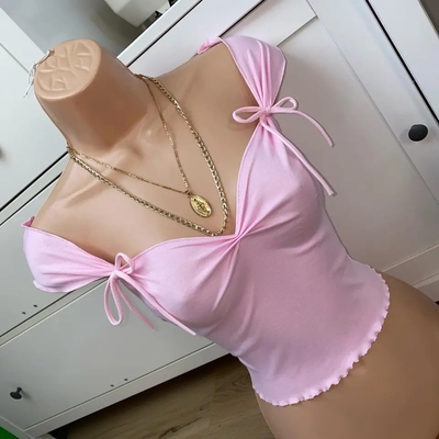 Pink bow square neck ruched crop top - Thumbnail 4