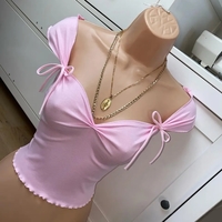 Pink Bow Square Neck Ruched Crop Top - Thumbnail 3