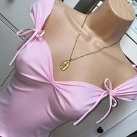 Pink Bow Square Neck Ruched Crop Top - Thumbnail 4