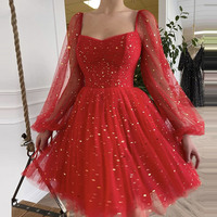 Red Tulle Short Prom Dress with Long Sleeve Cocktail Dress,1509 - Thumbnail 1