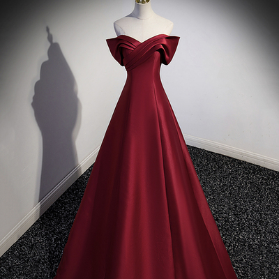 Burgundy satin long prom dress, off shoulder evening party dress,1510