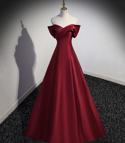 Burgundy Satin Long Prom Dress, Off Shoulder Evening Party Dress,1510