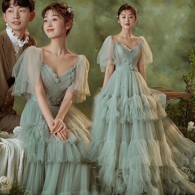 Green tulle long prom dress A line evening gown,1511