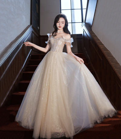 Champagne tulle lace long prom dress evening dress,1512