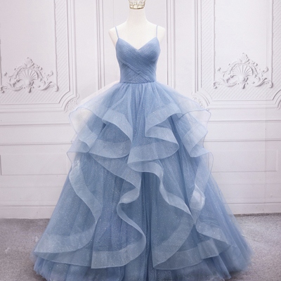 Blue tulle long prom dress blue evening gown,1513