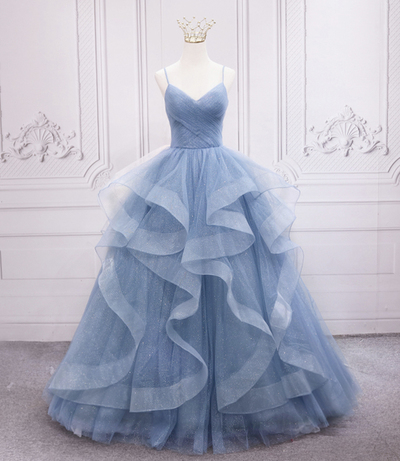 Blue Tulle Long Prom Dress Blue Evening Gown,1513