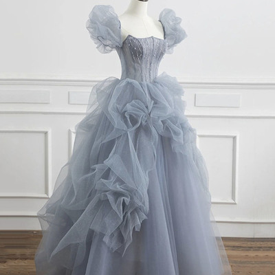 Gray tulle long prom dress a-line evening dress,1515