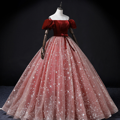 Burgundy velvet tulle long formal dress, a-line short sleeve evening dress,1516