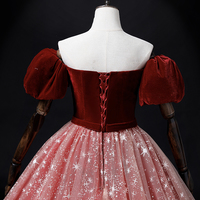 Burgundy Velvet Tulle Long Formal Dress, A-Line Short Sleeve Evening Dress,1516 - Thumbnail 2