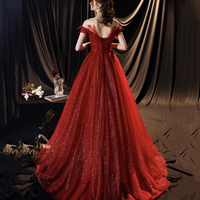 Red tulle sequins long prom dress A line evening gown,1519 - Thumbnail 1