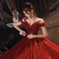 Red tulle sequins long prom dress A line evening gown,1519 - Thumbnail 2