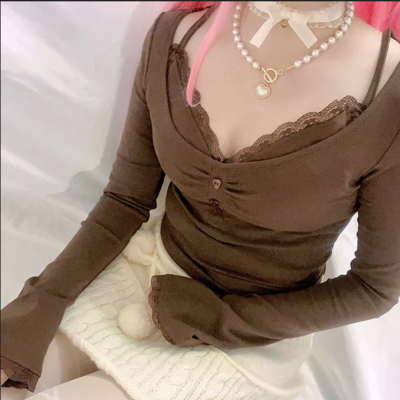 Brown button up coquette crop top