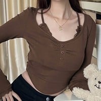 Brown Button Up Coquette Crop Top - Thumbnail 4