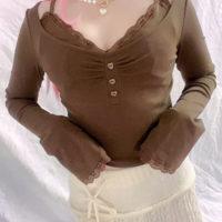 Brown Button Up Coquette Crop Top - Thumbnail 3