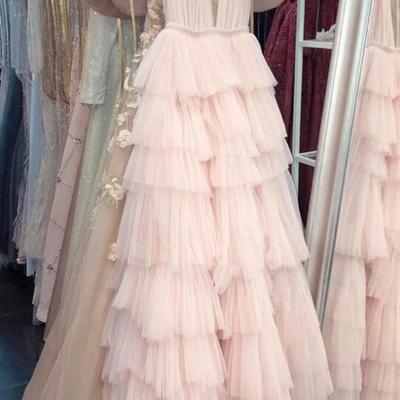 A line round neck pink tulle long prom dresses