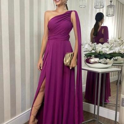 Elegant one shoulder purple prom dresses with split - Thumbnail 1