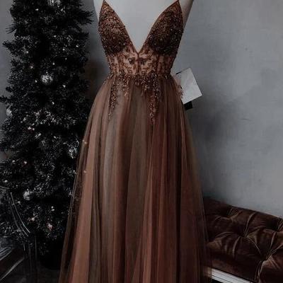 A line straps tulle prom dress with beading