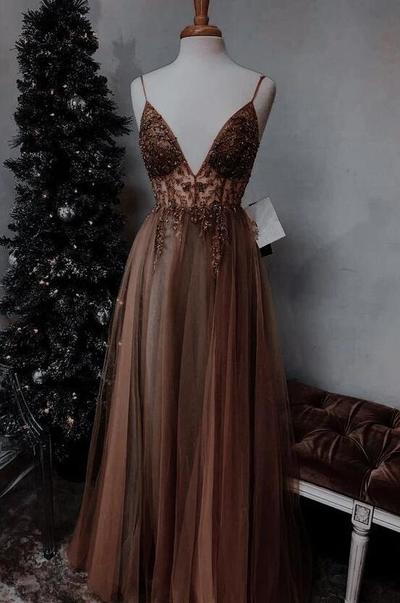 A Line Straps Tulle Prom Dress With Beading