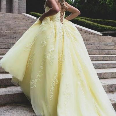 Straps yellow tulle lace prom dresses long, formal dress