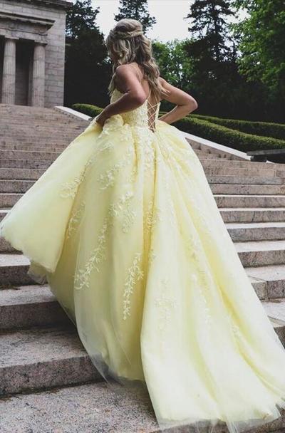 Straps Yellow Tulle Lace Prom Dresses Long, Formal Dress